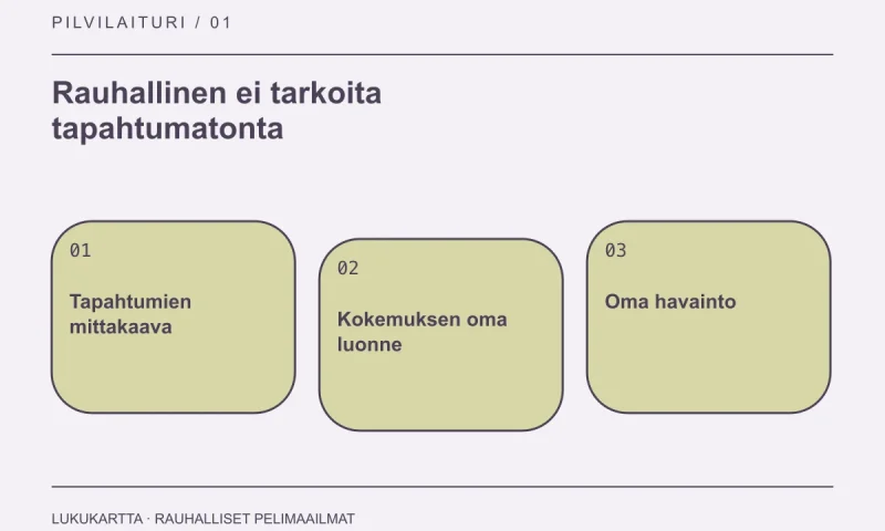 Lukukartta: Rauhallinen ei tarkoita tapahtumatonta. Tapahtumien mittakaava, Kokemuksen oma luonne, Oma havainto.