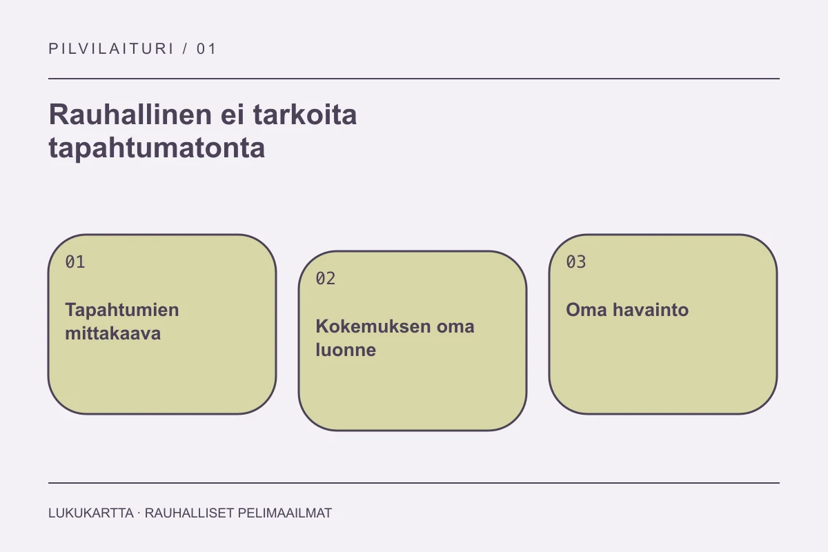 Lukukartta: Rauhallinen ei tarkoita tapahtumatonta. Tapahtumien mittakaava, Kokemuksen oma luonne, Oma havainto.